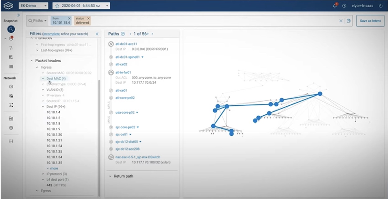 Image: Dark blue lines map communications within the network. Possible filter parameters are displayed on the left